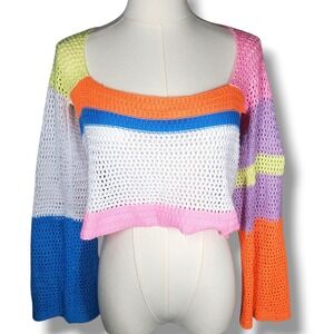 Crochet Color block Crop Top Women S Knit Bell Sleeve Neon Festival Boho Cottage
